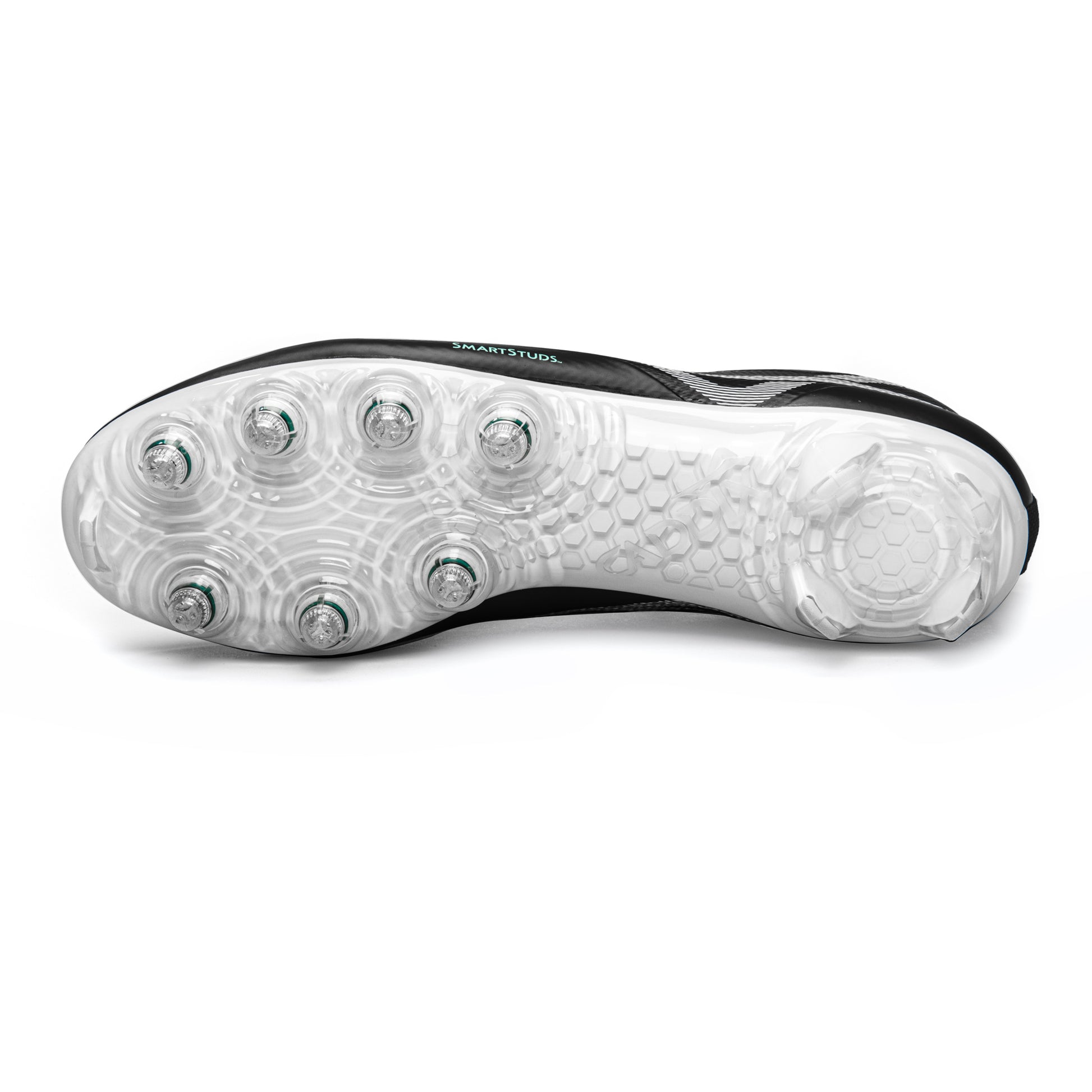 Detailed photo of sole of black/white Caddix men’s mid football and lacrosse cleats that use patented Smart Studs that flex & spin to reduce ACL-tearing torque