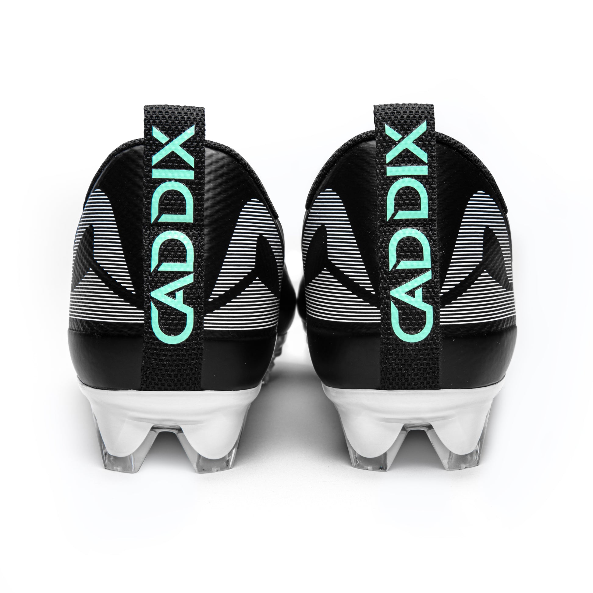 Men’s low black/white Caddix football and lacrosse cleats that flex and spin via patented Smart Studs to minimize injury-causing stress other cleats create