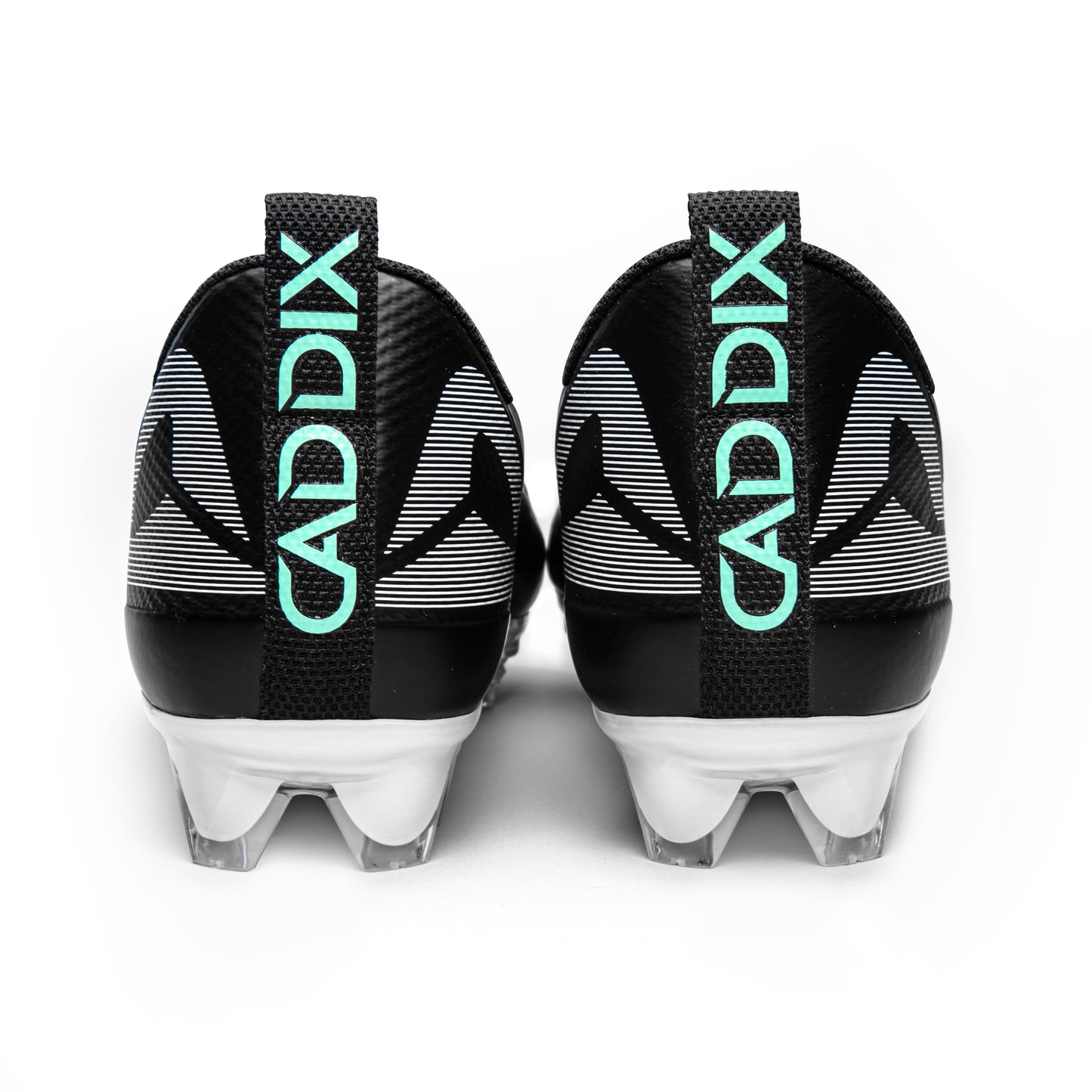 Back of Caddix SmartStuds low cut football lacrosse cleats for knee injury prevention in black white