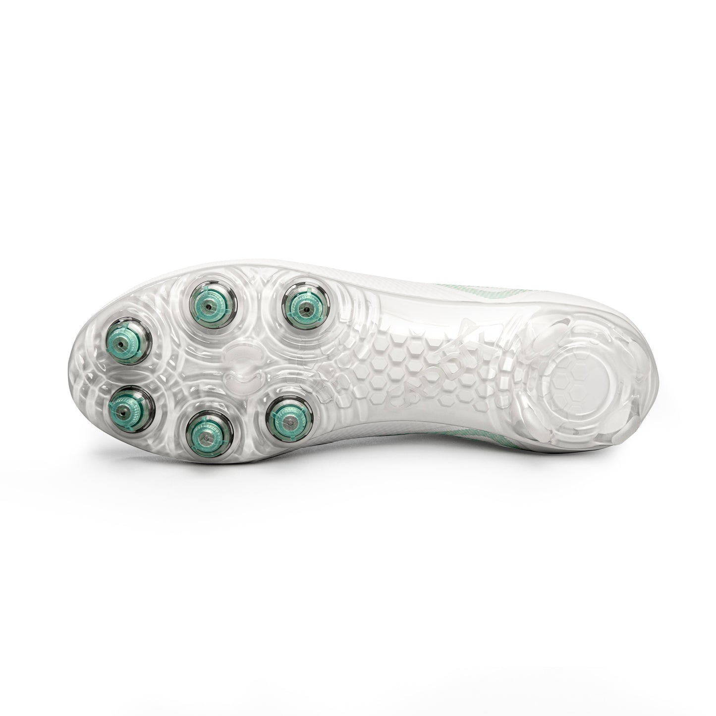 Photo of the bottom of women’s mid white/white Caddix soccer and lacrosse cleat showing patented Smart Studs that flex & spin to reduce ACL and ankle injuries