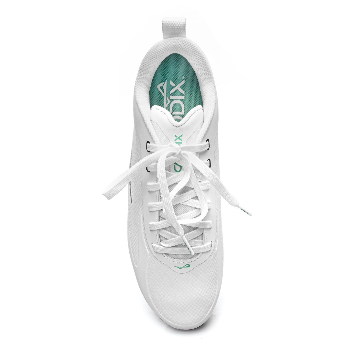 Top view of Caddix men’s white/black low football and lacrosse cleats that reduce injurious stress traditional cleats cause, leading to ACL and ankle injuries
