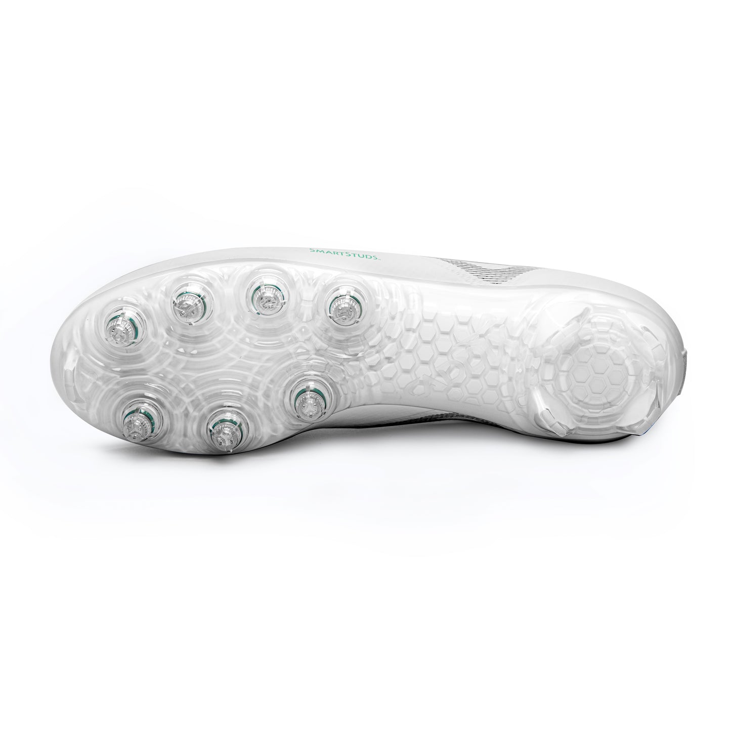 Bottom view of Caddix men’s white/white low football and lacrosse cleats showing patented Smart Studs that reduce the strain that causes ACL tears