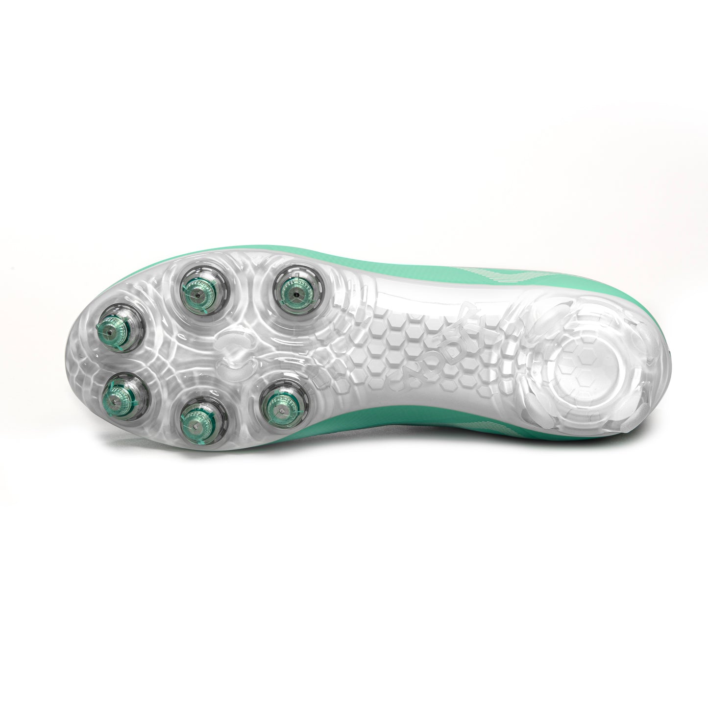 Detailed photo of sole of teal/white Caddix women’s mid soccer and lacrosse cleats that use patented Smart Studs that flex & spin to reduce ACL-tearing torque