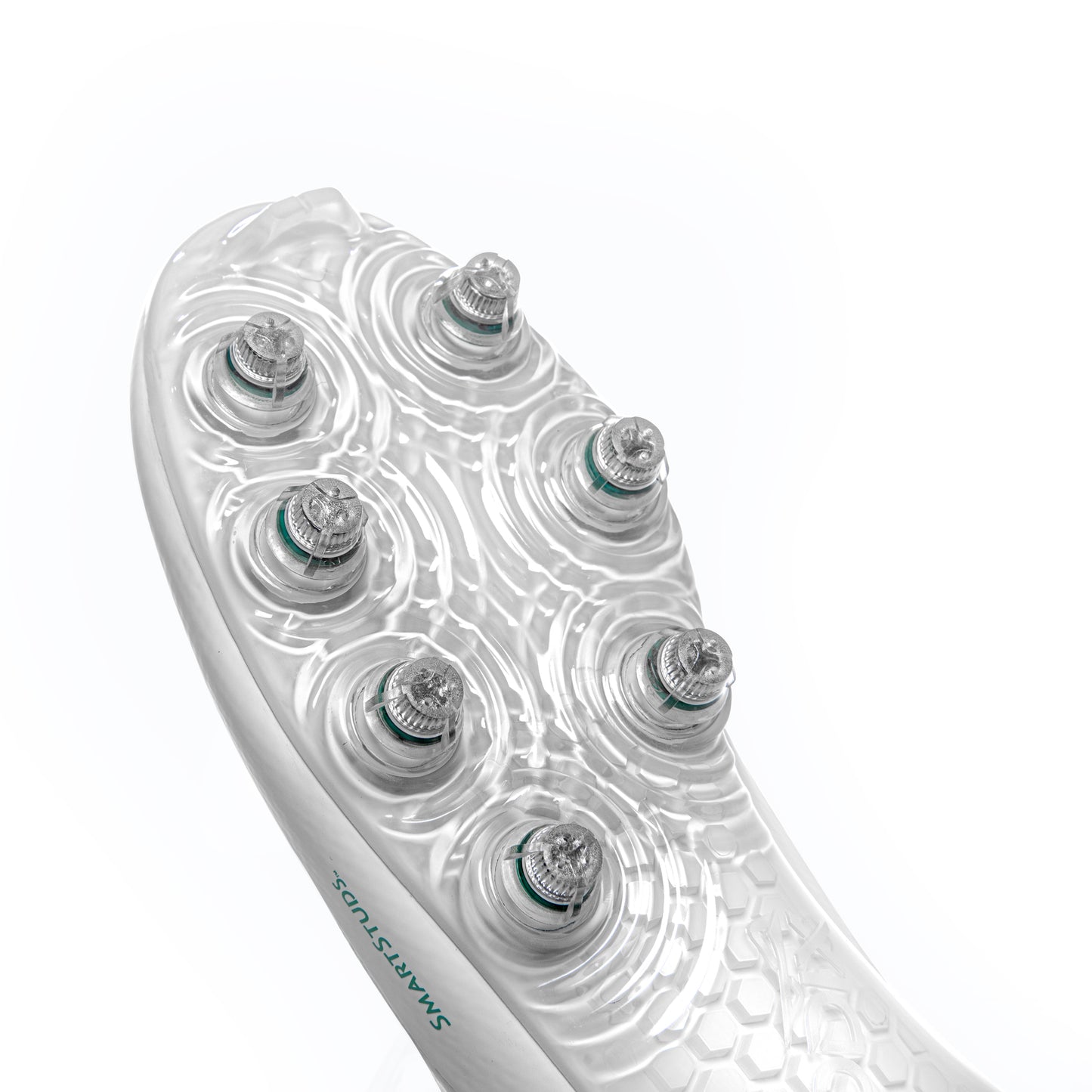 Photo of Caddix’s patented, injury-reducing Caddix Smart Studs on forefoot of men’s white/white mid cleats used for American football and lacrosse