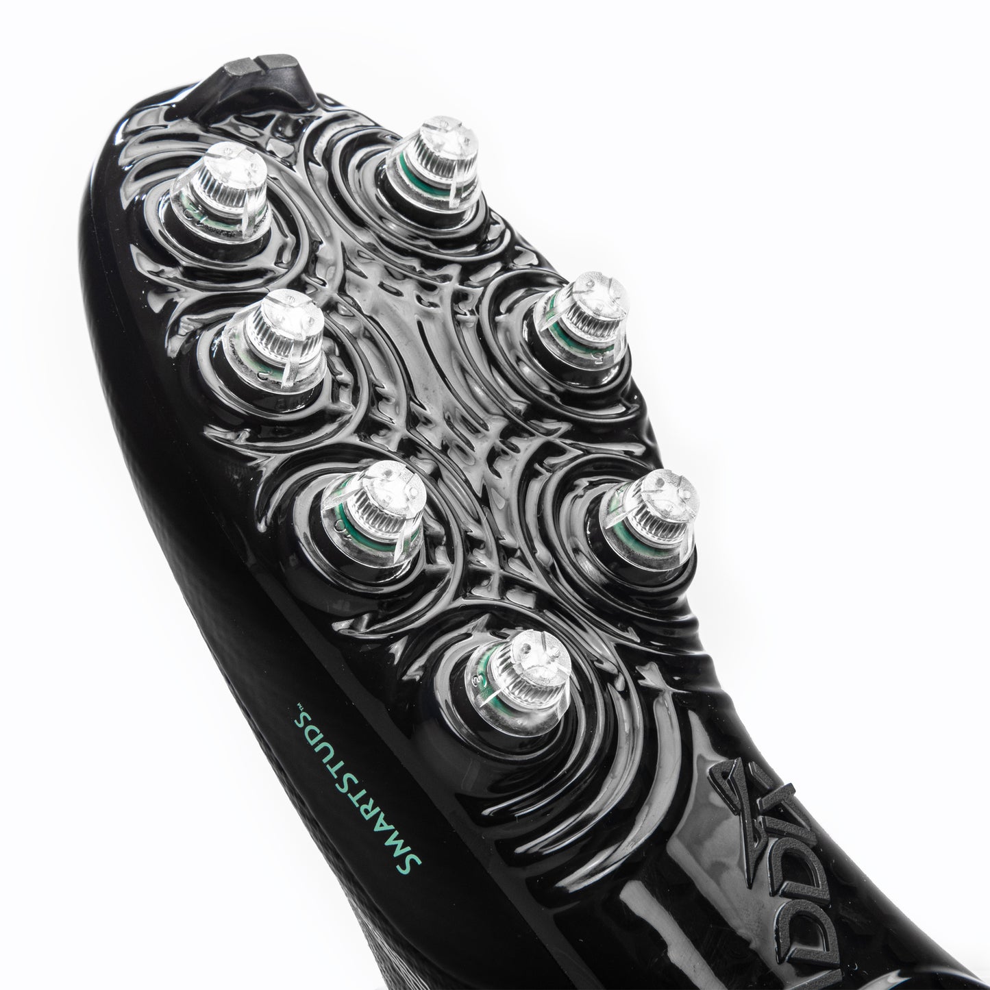 Forefoot view of patented Caddix Smart Studs on men’s black/black mid football and lacrosse cleats. Smart Studs reduce stress that leads to ACL tears