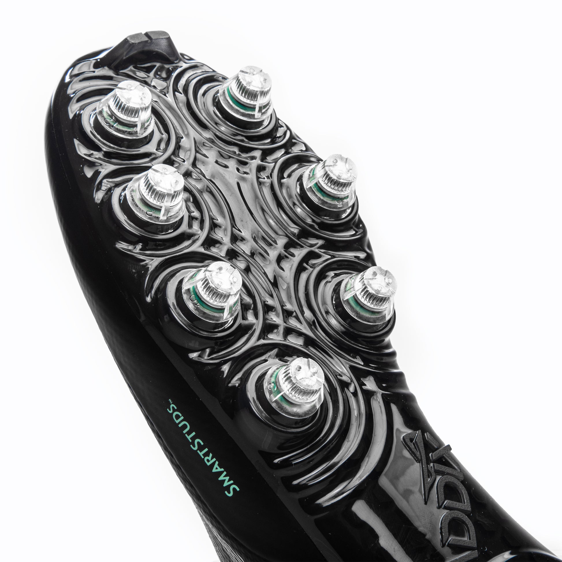 Forefoot view of patented Caddix Smart Studs on men’s black/black mid football and lacrosse cleats. Smart Studs reduce stress that leads to ACL tears