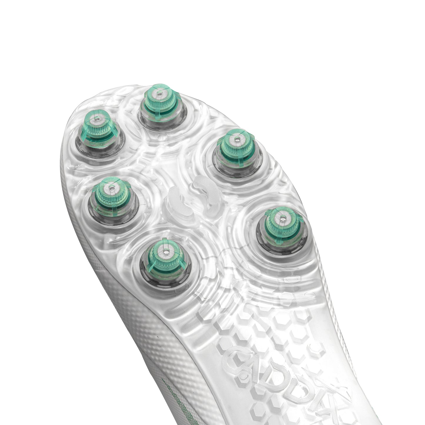 Close up of patented, injury-reducing Caddix Smart Studs on forefoot of women’s white/white mid-rise soccer and lacrosse cleats