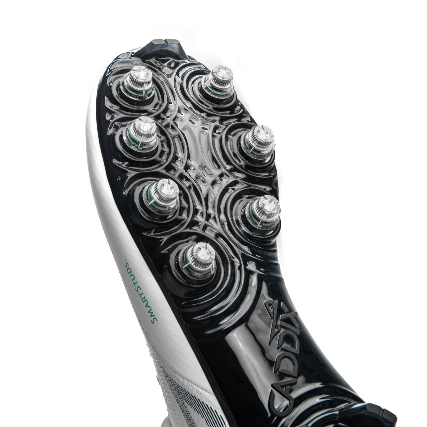 Close up photo of patented, torque-reducing Caddix Smart Studs on forefoot of men’s white/black mid football and lacrosse cleats
