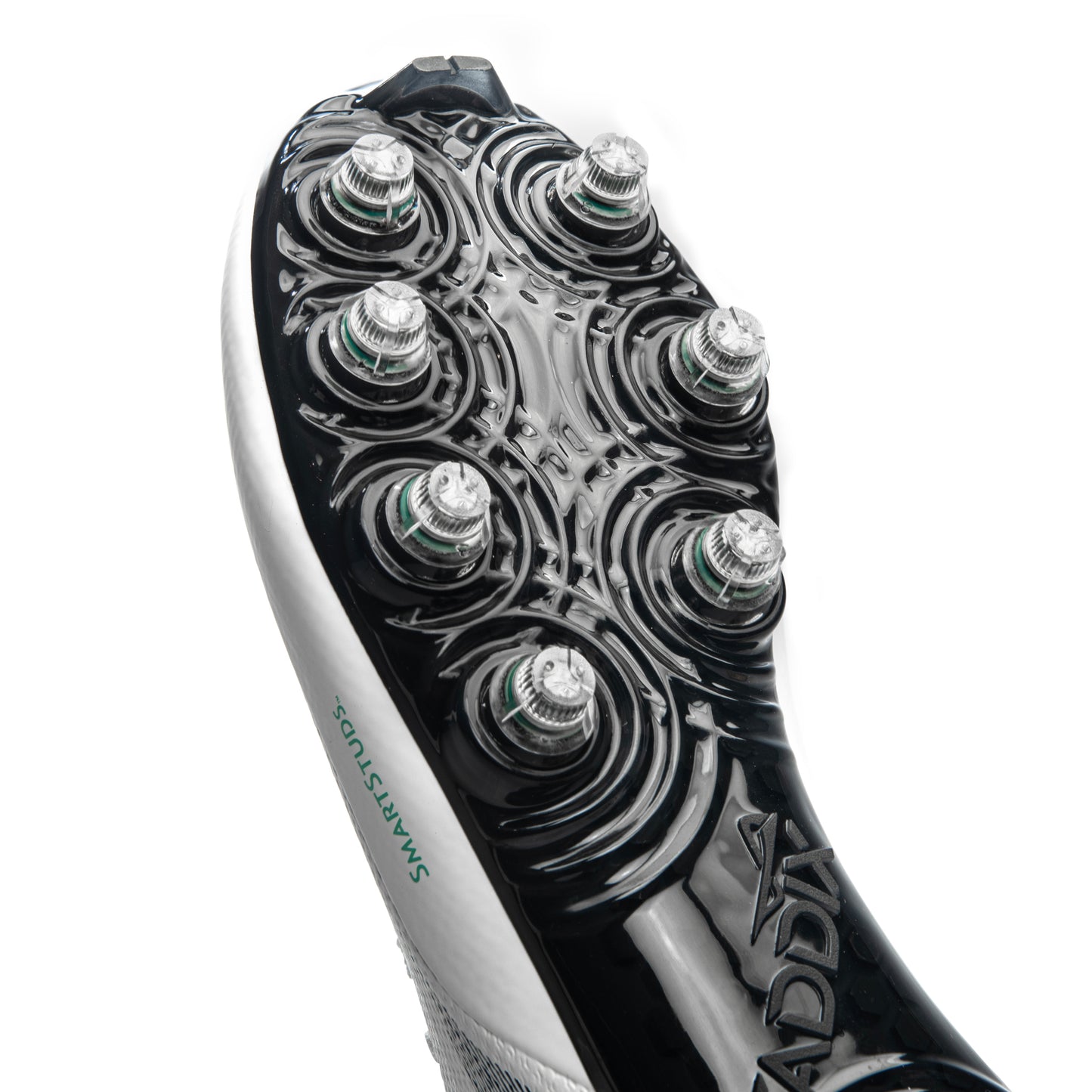 Forefoot of Caddix SmartStuds low cut football lacrosse cleats for knee injury prevention in black white