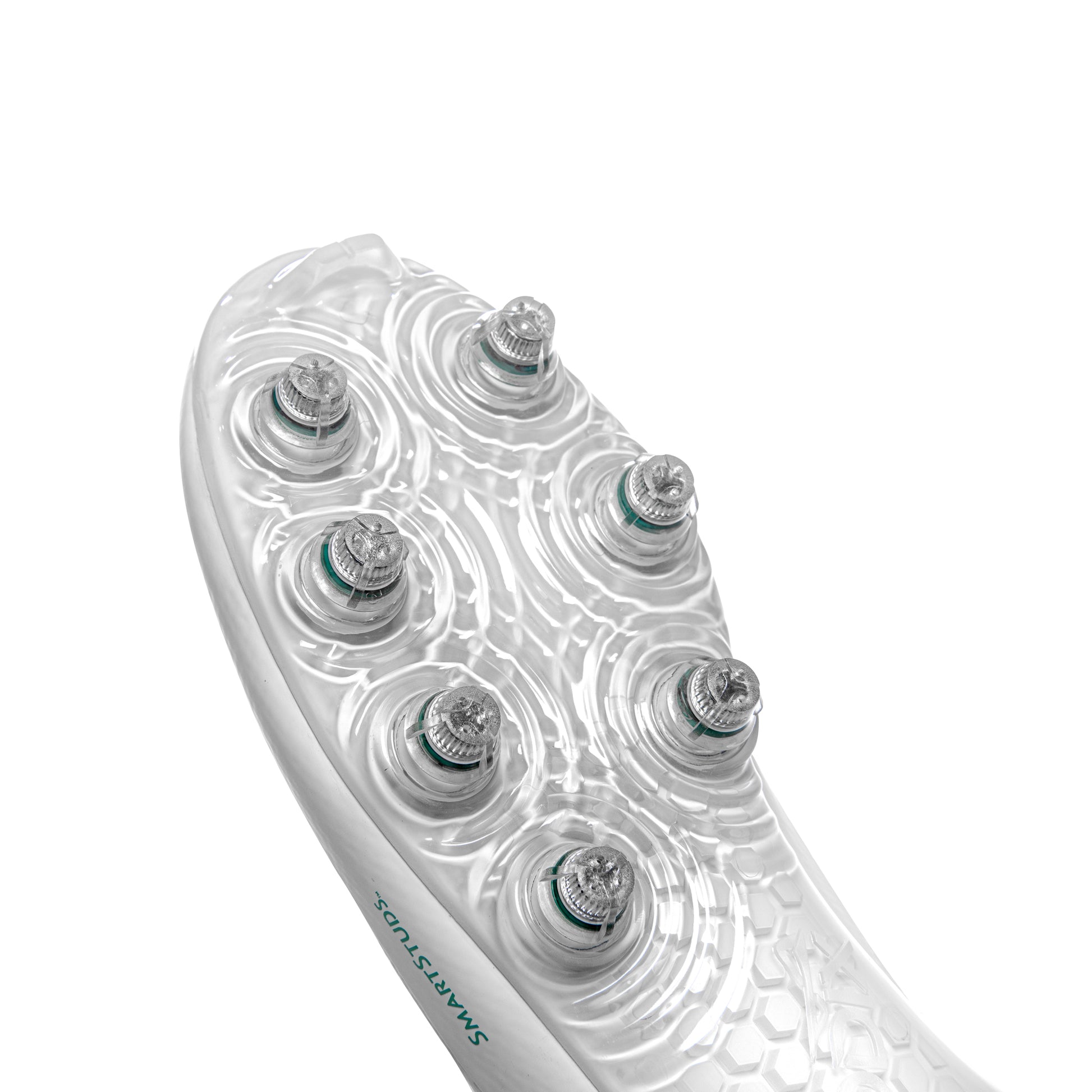 Close-up of Caddix patented Smart Studs on men’s low white/white football and lacrosse cleats. Smart Studs minimize torque to reduce lower-leg injuries