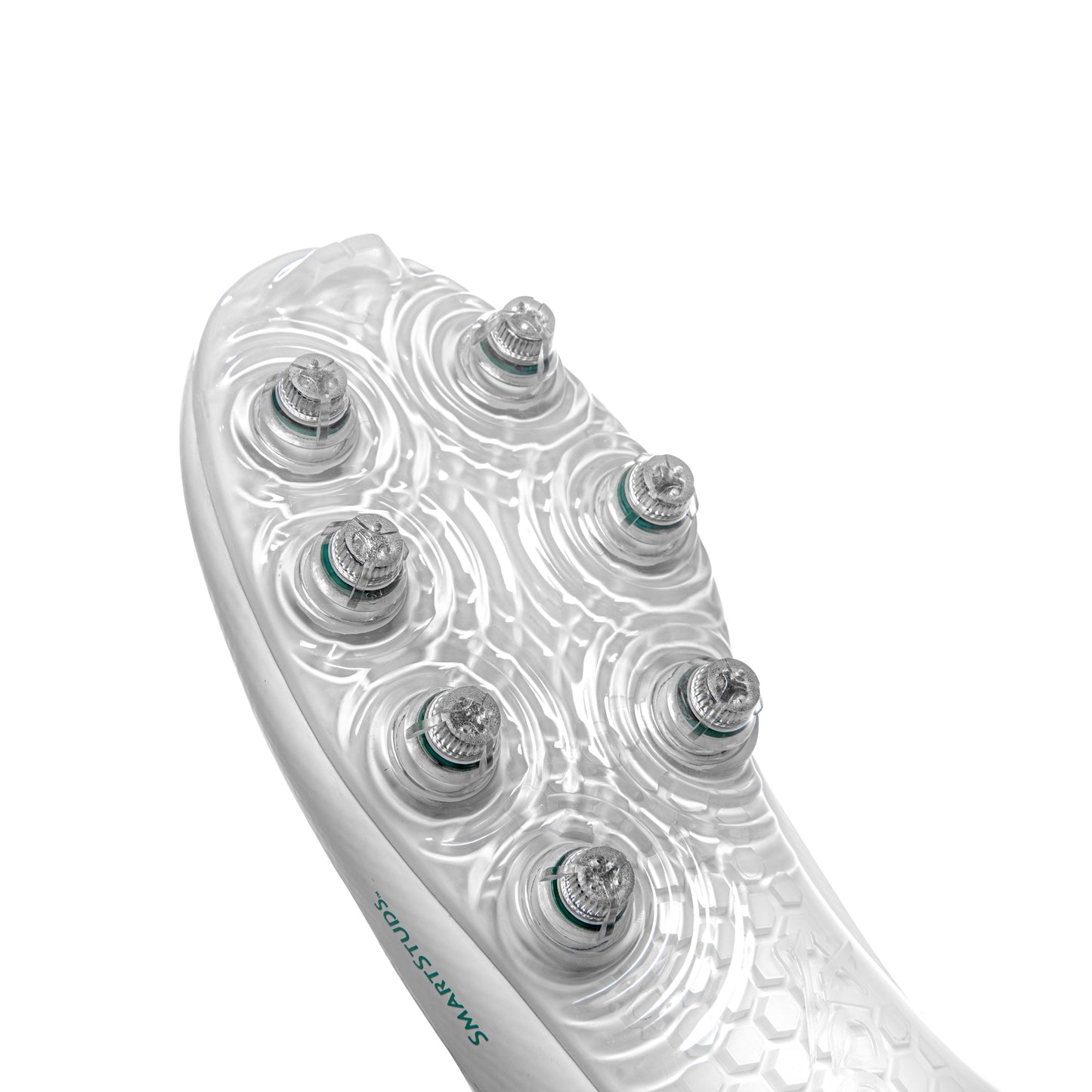 Close-up of Caddix patented Smart Studs on men’s low white/white football and lacrosse cleats. Smart Studs minimize torque to reduce lower-leg injuries