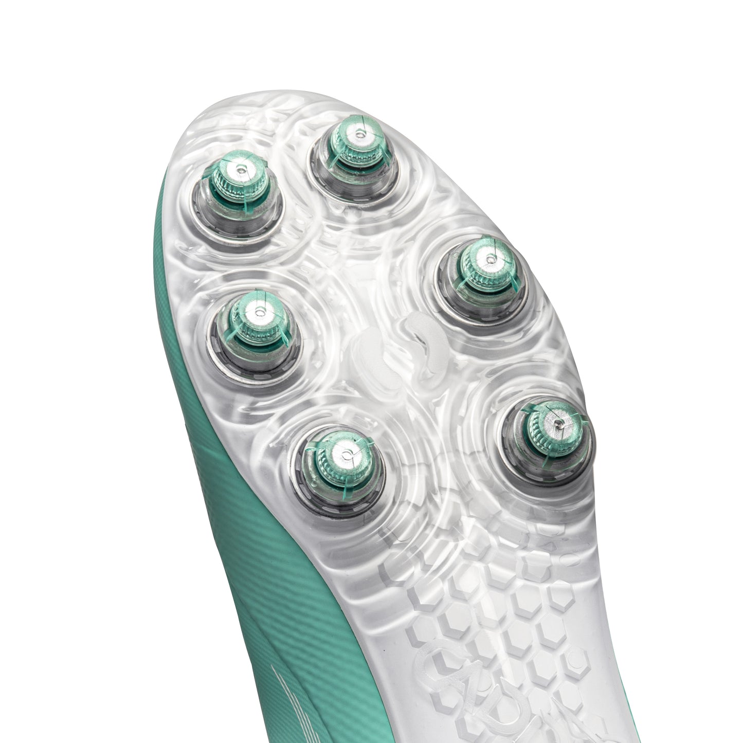 Close up photo of patented, injury-reducing Caddix Smart Studs on forefoot of women’s teal/white mid-rise soccer and lacrosse cleats