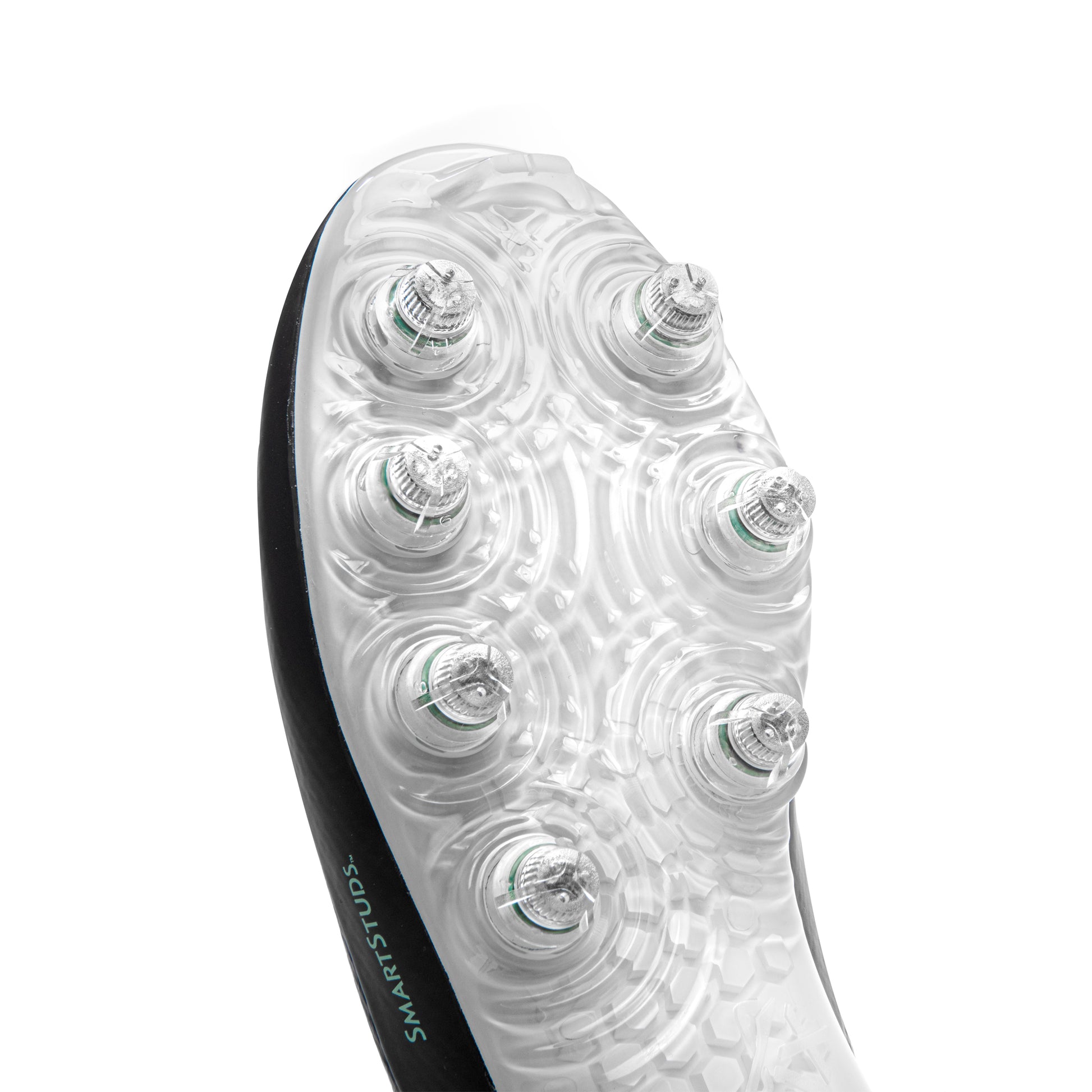 Close up photo of patented, injury-reducing Caddix Smart Studs on forefoot of men’s black/white mid-rise football and lacrosse cleats