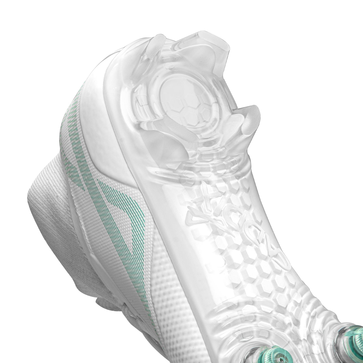 Bladed heel portion of Caddix white/white mid women’s cleat used for soccer and lacrosse. Patented Smart Studs in forefoot flex and spin to reduce ACL injuries