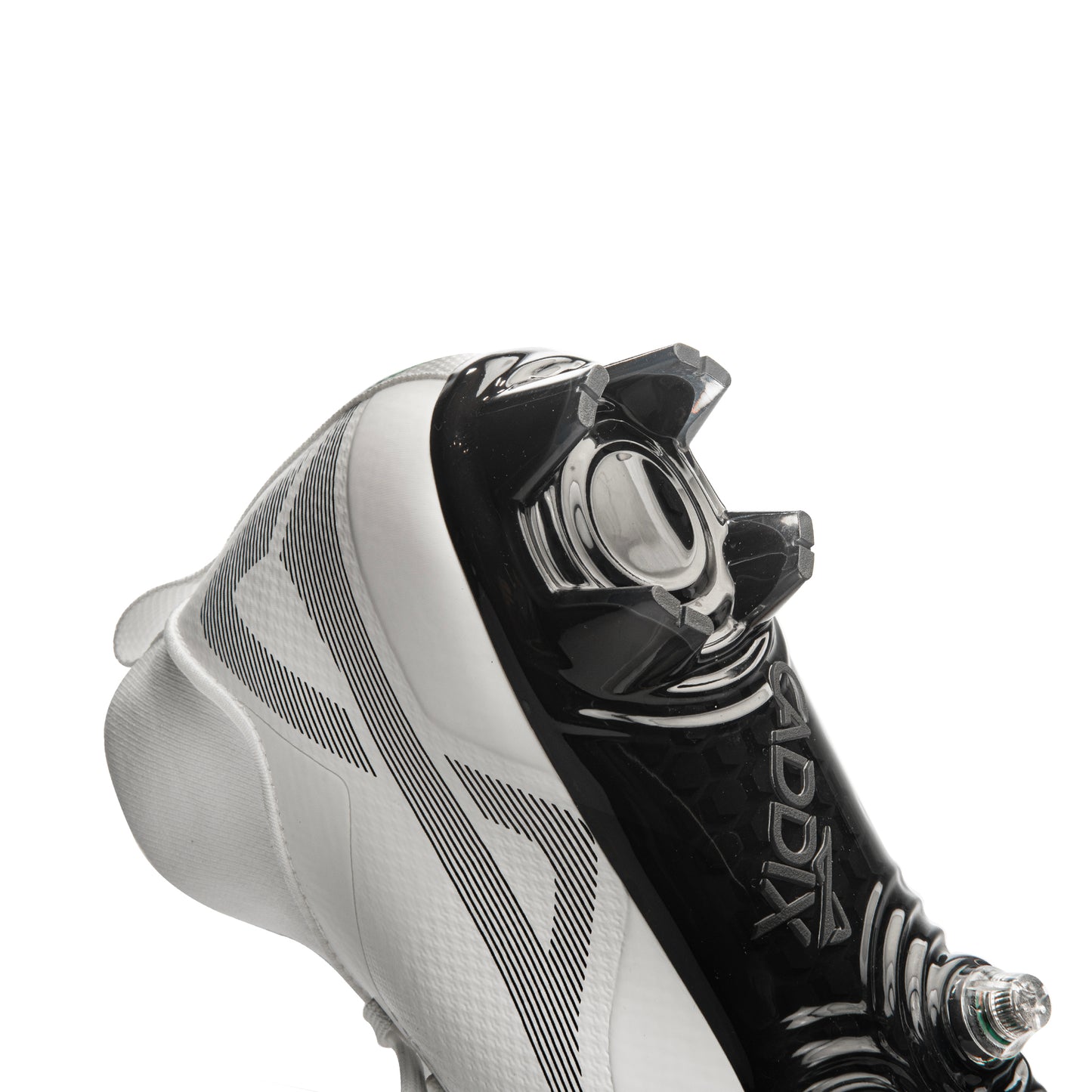 Heel of Caddix SmartStuds mid cut football lacrosse cleats for knee injury prevention in white black