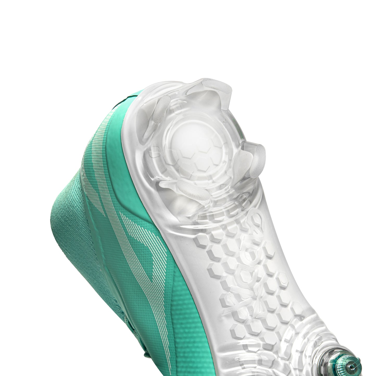 Shot of clear heel portion of teal/white Caddix women’s mid soccer and lacrosse cleats. Forefoot uses patented Smart Studs that flex to reduce ACL injuries