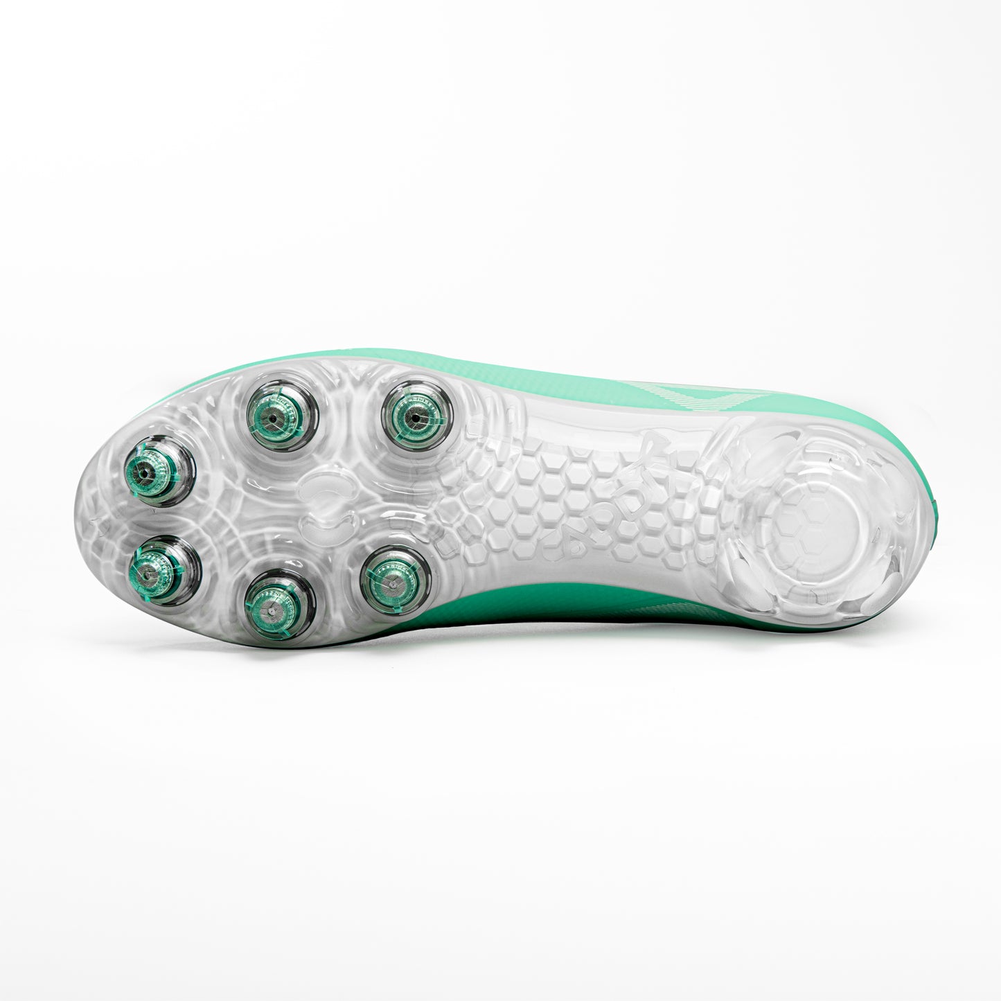 Bottom of Forefoot of Caddix SmartStuds low cut women's soccer lacrosse cleats for knee injury prevention in teal white