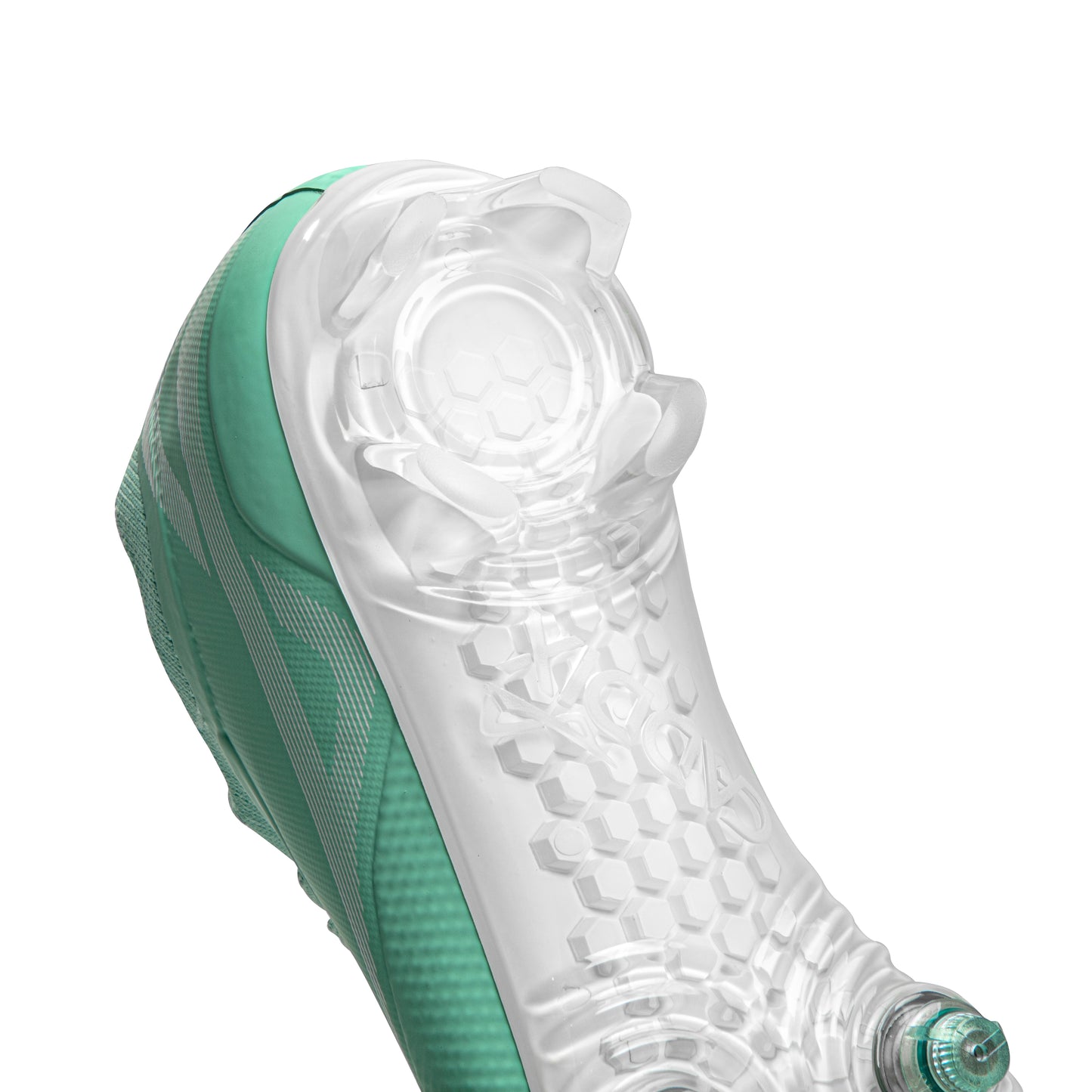 Heel of Forefoot of Caddix SmartStuds low cut women's soccer lacrosse cleats for knee injury prevention in teal white
