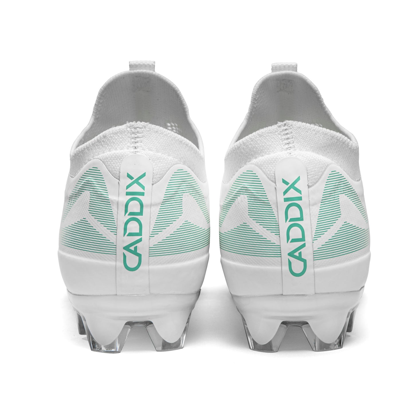 Caddix-branded white/white women’s low cleats used in soccer and lacrosse—-with patented Smart Studs that minimize injuries other cleats cause
