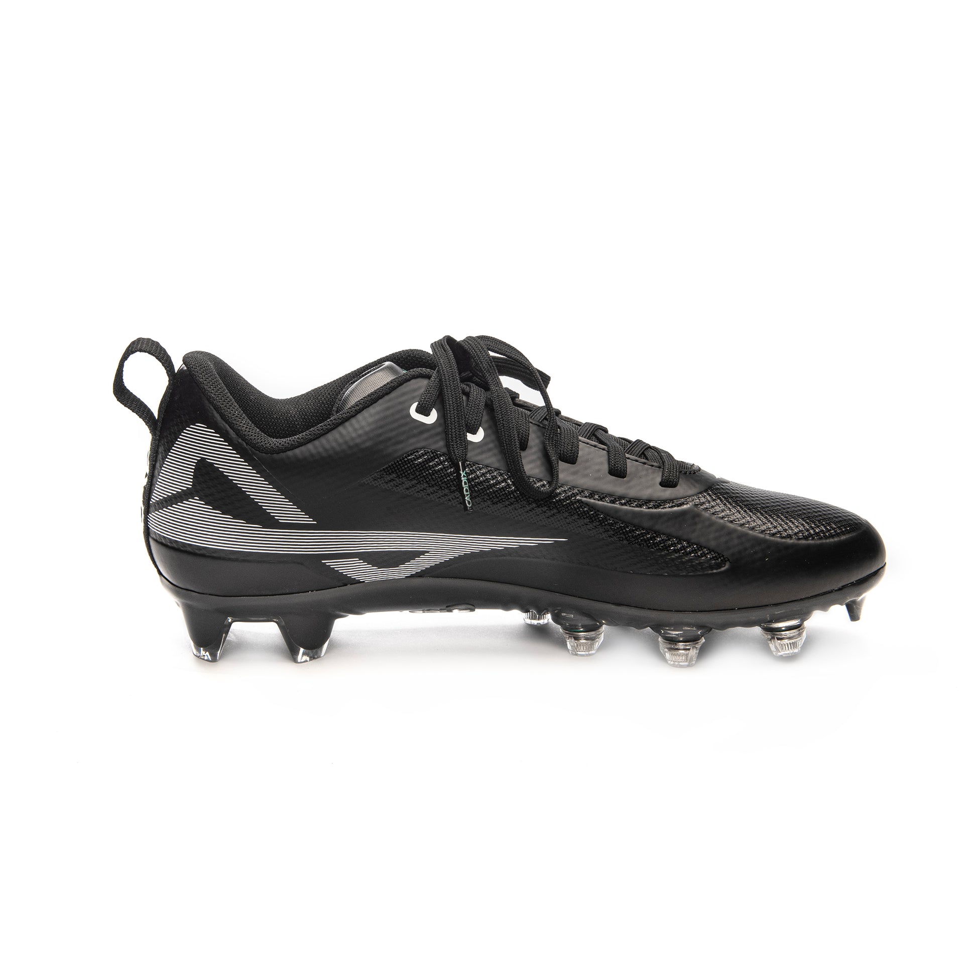 Black/black Caddix men’s low football and lacrosse cleats side view, featuring patented Smart Studs that reduce injury-causing stress traditional cleats create