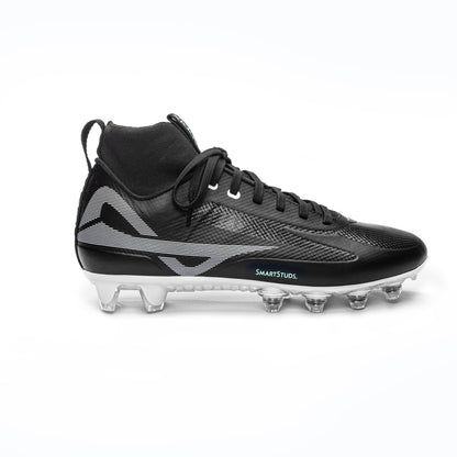 Side of men’s black/white mid-rise football and lacrosse cleats made by Caddix that utilize patented Smart Studs that flex to reduce ACL and ankle injuries