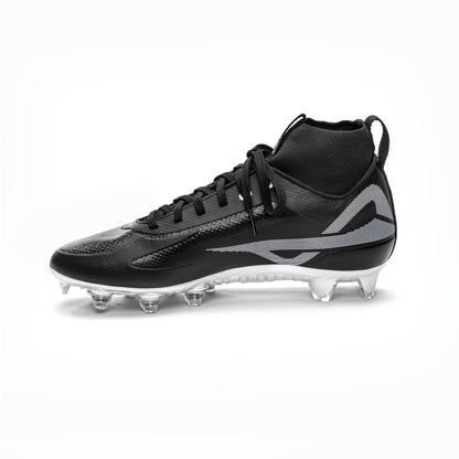 Medial side of black/white Caddix men’s mid cleat used for football and lacrosse – with patented Smart Studs technology that reduces chance of ACL tears