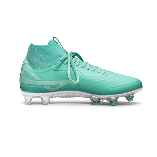 Medial side of teal/white Caddix women’s mid cleat used for soccer and lacrosse – with patented Smart Studs technology that reduces chance of ACL tears