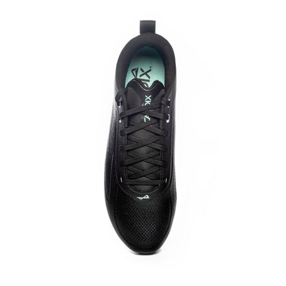 Overhead shot of Caddix black/black low men’s football and lacrosse cleats that reduce the lower-leg injuries with patented Smart Studs technology