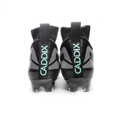 Caddix men’s black/black mid football and lacrosse cleats use patented Smart Studs to flex and spin to minimize injurious stress other cleats create