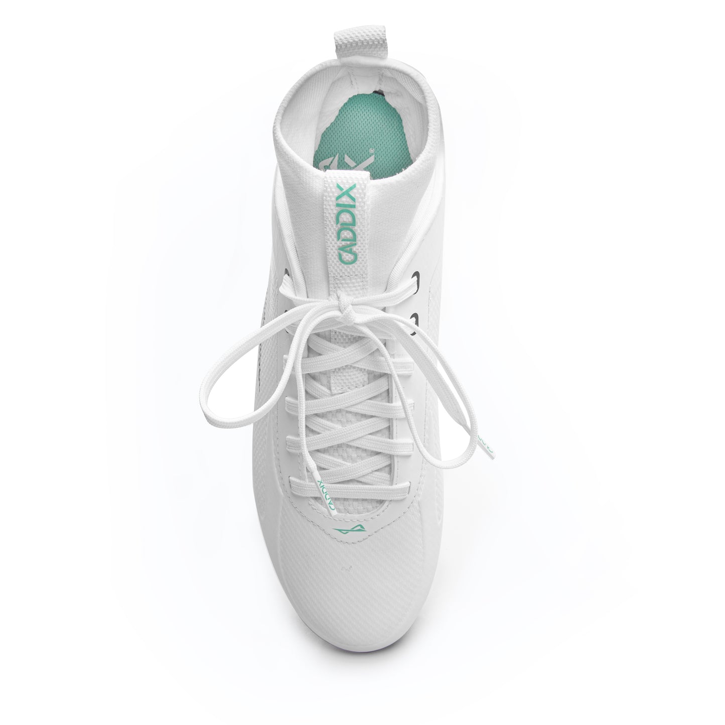 Overhead shot of white/white Caddix mid men’s football and lacrosse cleats that reduce ACL tears and ankle injuries thanks to patented Smart Studs technology