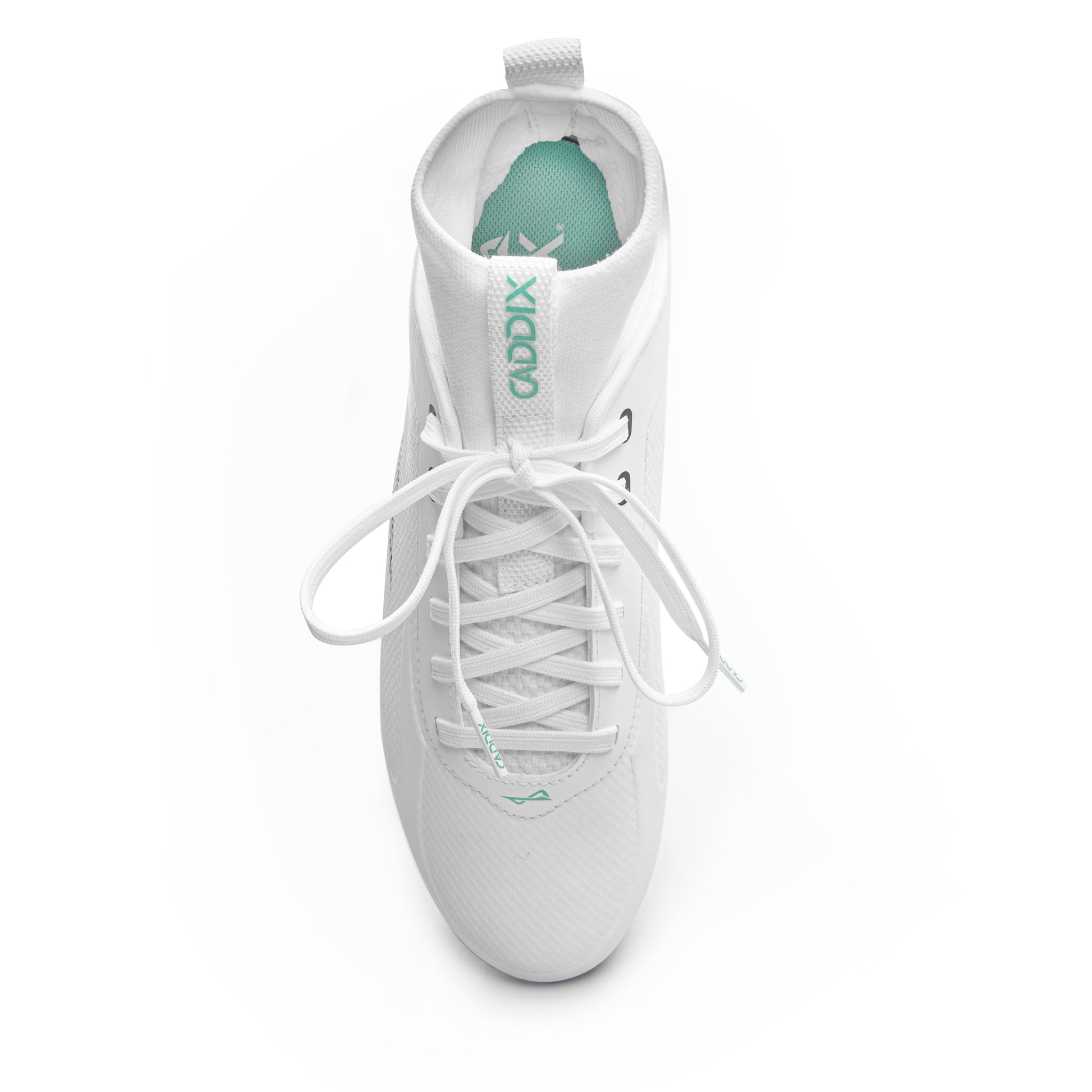 Overhead shot of white/white Caddix mid men’s football and lacrosse cleats that reduce ACL tears and ankle injuries thanks to patented Smart Studs technology