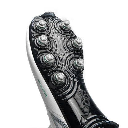 Close up photo of patented, torque-reducing Caddix Smart Studs on forefoot of men’s white/black mid football and lacrosse cleats