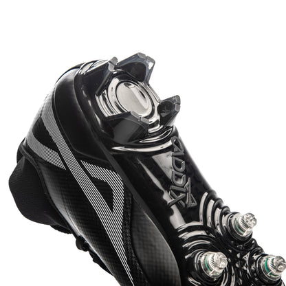 Caddix bladed heel design on its men’s black/black mid football and lacrosse cleats combine with patented Smart Studs in front to reduce injury-causing torque
