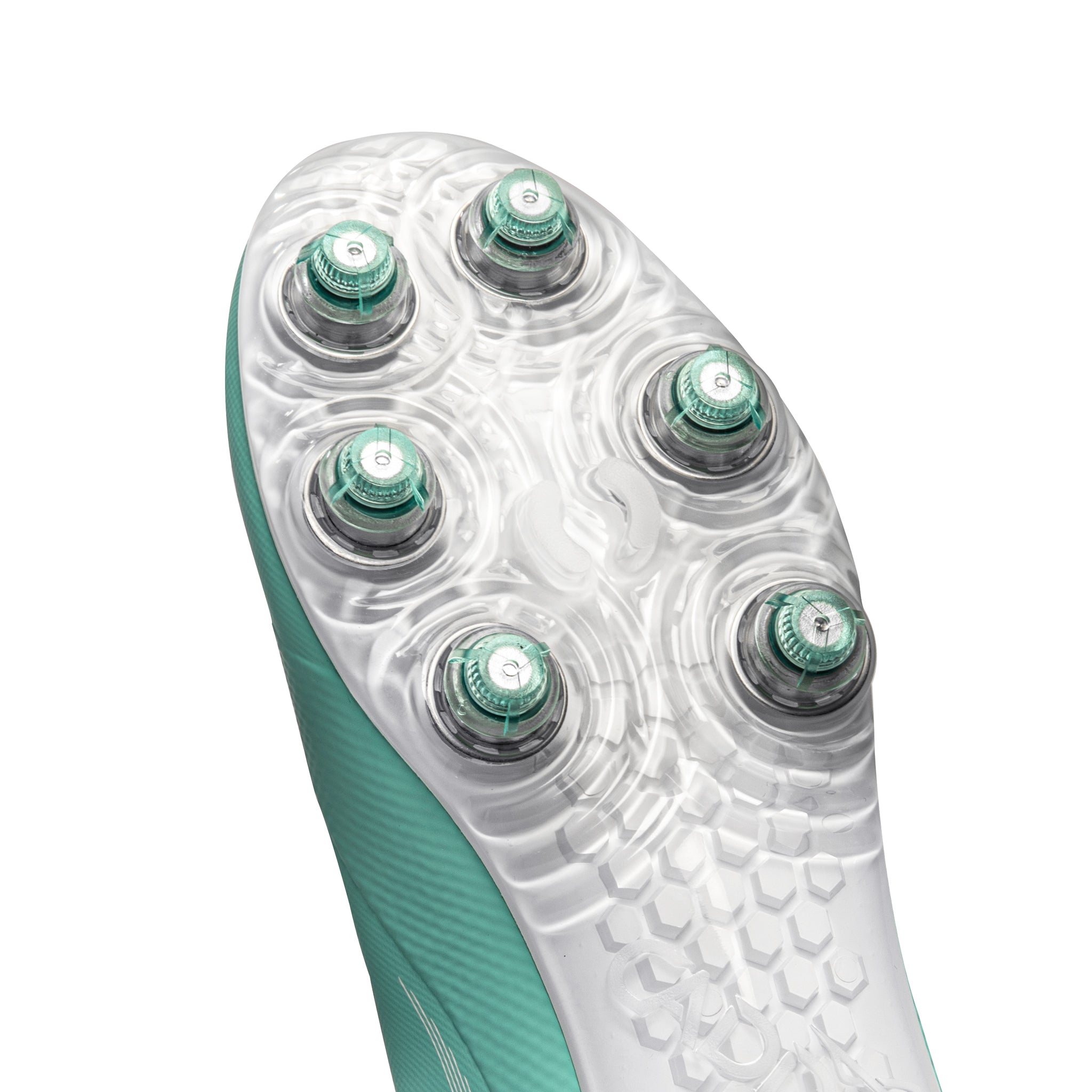 Forefoot of Caddix SmartStuds low cut women's soccer lacrosse cleats for knee injury prevention in teal white