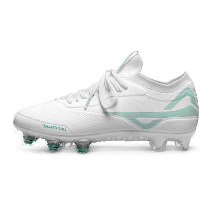 Lateral side of women’s low white/white Caddix cleat used for soccer and lacrosse – with patented Smart Studs that spin and flex to reduce chance of ACL tears