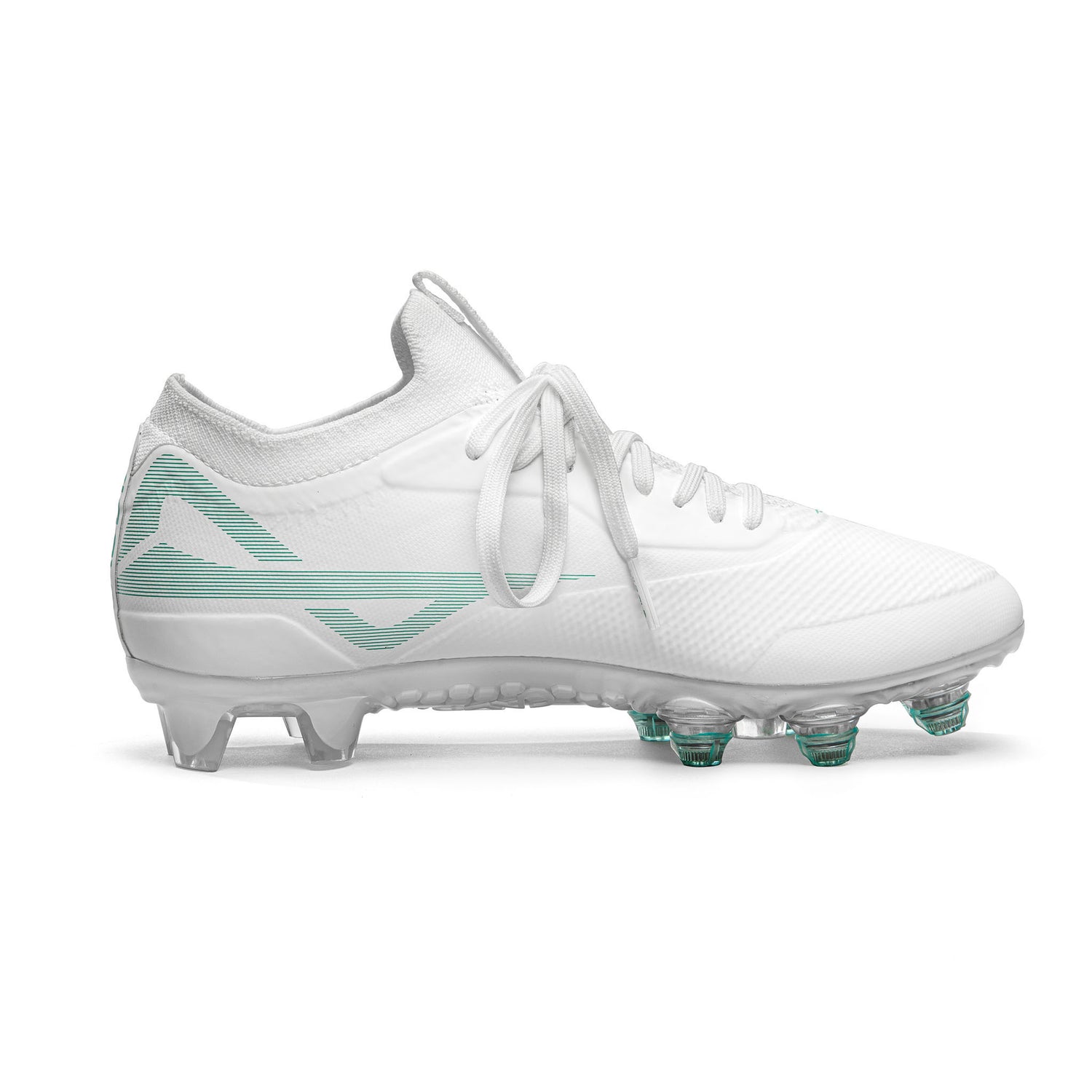 Side of women’s low white/white cleats used by soccer and lacrosse players that reduce injuries using patented Smart Studs that spin and flex to reduce torque