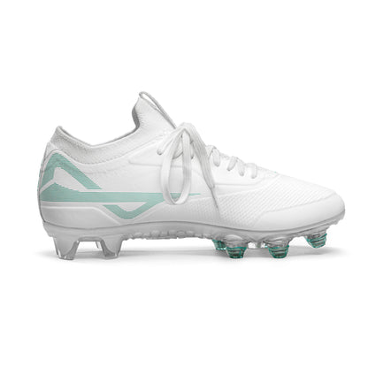 Side of women’s low white/white cleats used by soccer and lacrosse players that reduce injuries using patented Smart Studs that spin and flex to reduce torque