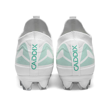 Caddix-branded white/white women’s low cleats used in soccer and lacrosse—-with patented Smart Studs that minimize injuries other cleats cause